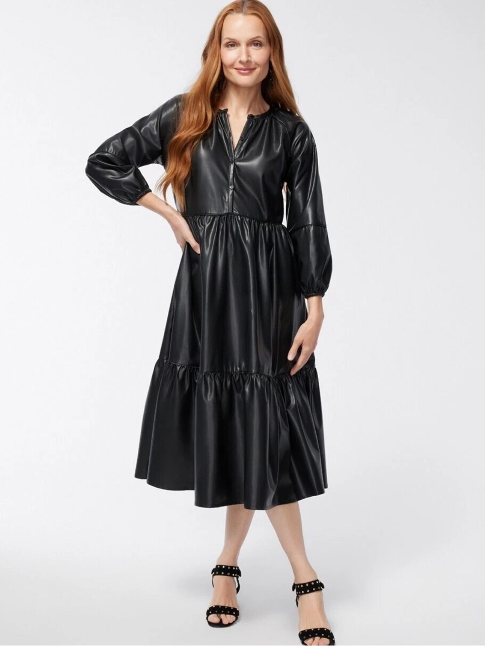 Chico’s Midi Dress Pleather Tiered Dress Black Size 6NWT - Picture 1 of 11